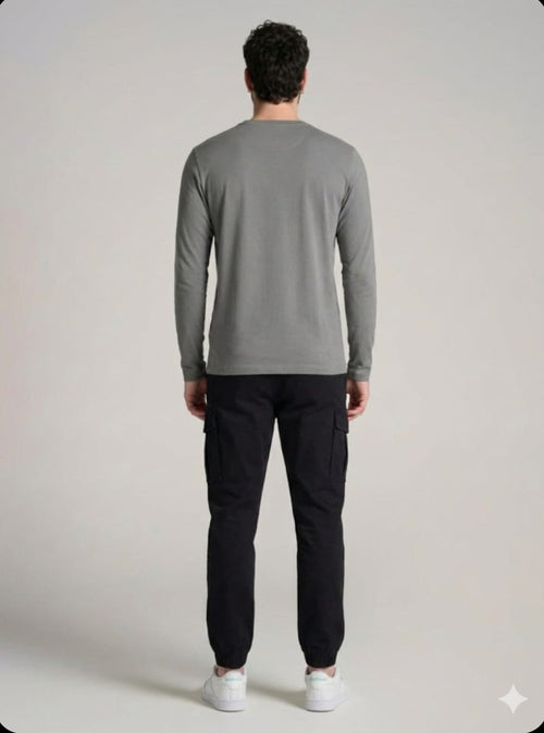 A cool-gray long-sleeve tee finished with a bold SABR graphic for a clean streetwear look.