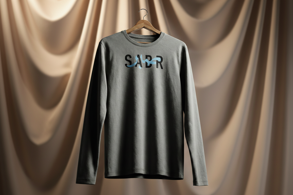 A cool-gray long-sleeve tee finished with a bold SABR graphic for a clean streetwear look.